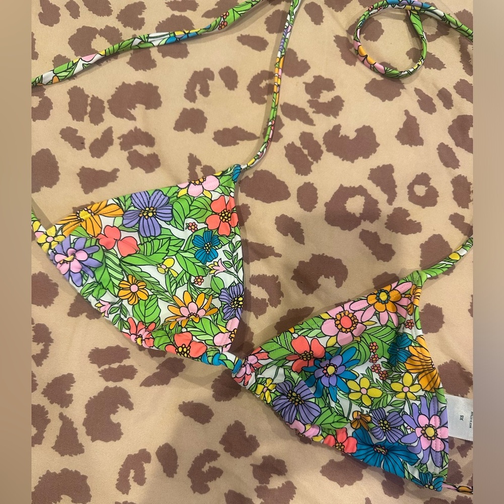 neon trippy Floral Triangle Bikini Top with extra long wrap bottom strap - Picture 3 of 12